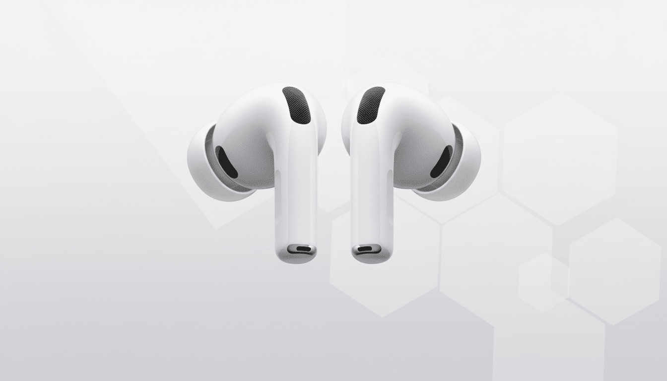 A pair of white AirPods Pro earbuds with black speaker grilles, presented against a professional light grey background with subtle hexagonal patterns.