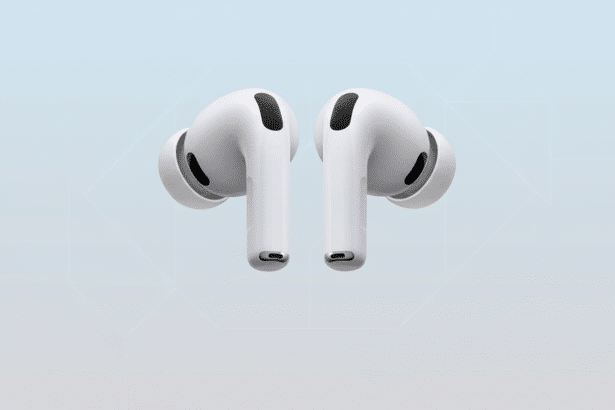 A pair of white AirPods Pro earbuds displayed against a light blue and white gradient background with subtle geometric patterns. Filename : airpods proprofessional background.png