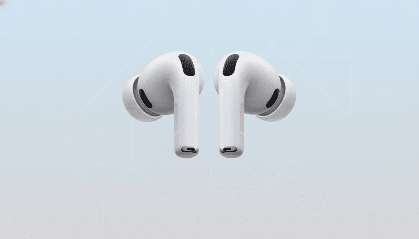 A pair of white AirPods Pro earbuds displayed against a light blue and white gradient background with subtle geometric patterns. Filename : airpods proprofessional background.png