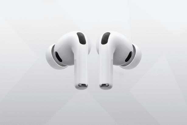 A pair of white AirPods Pro earbuds displayed against a light gray background with subtle geometric patterns.