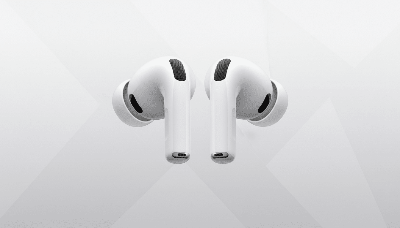 A pair of white AirPods Pro earbuds displayed against a light gray background with subtle geometric patterns.
