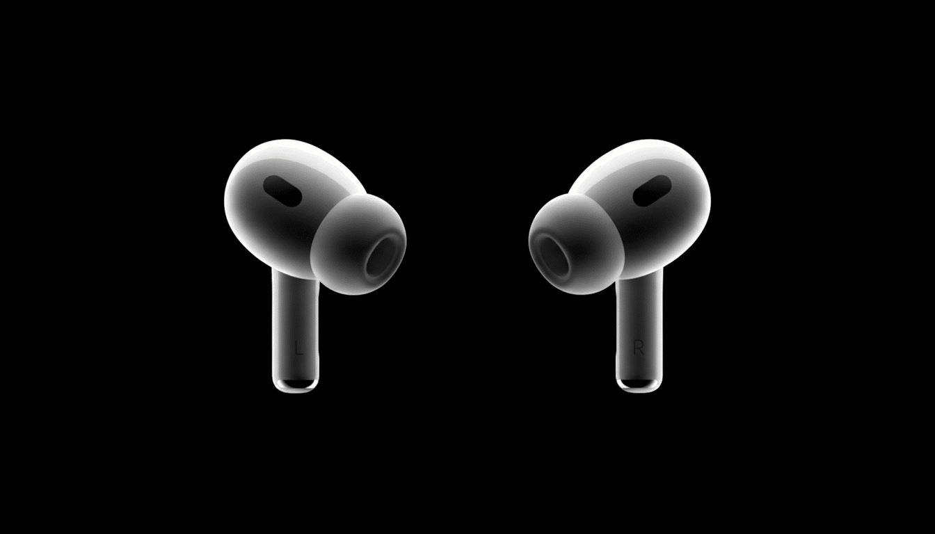 A pair of Apple AirPods Pro , left and right , shown in a translucent x -ray like effect against a solid black background.