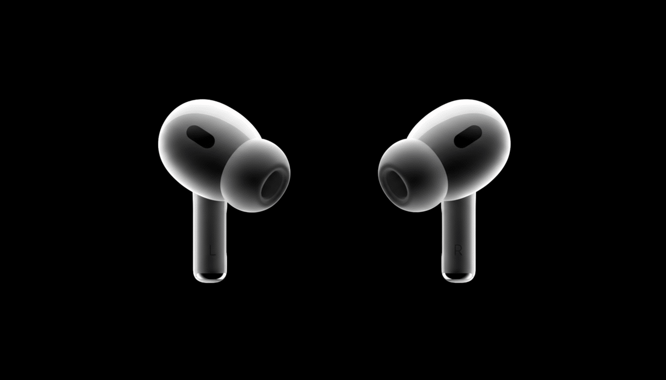A pair of Apple AirPods Pro ( 2nd generation) earbuds shown in an X-ray style, with translucent white bodies revealing internal components, set agains
