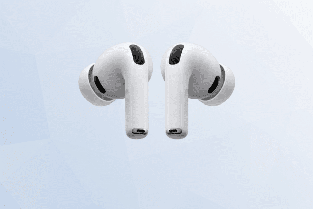 A pair of white wireless earbuds against a professional flat design background with soft blue geometric patterns.
