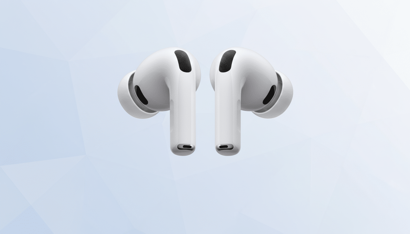 A pair of white wireless earbuds against a professional flat design background with soft blue geometric patterns.