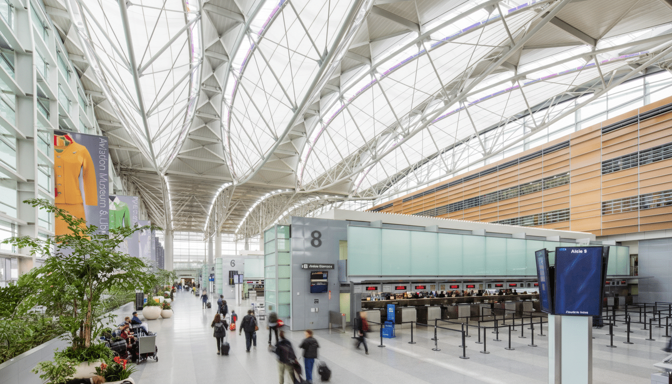 An interior view of a modern airport terminal with a high, arched ceiling, natural light, check -in counters, and travelers.