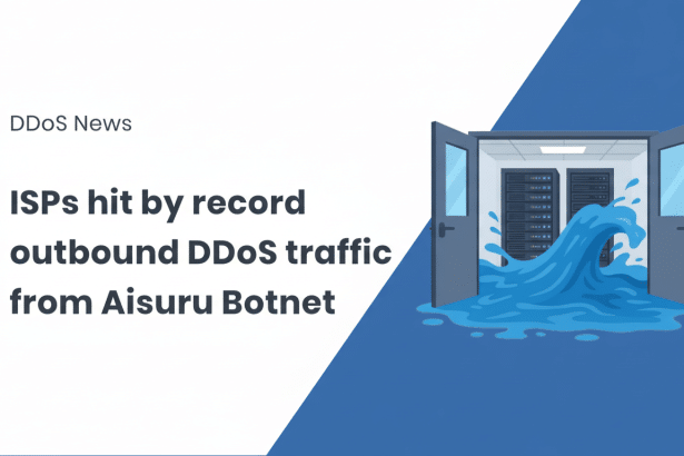 An image from DDoS News with the headline IS Ps hit by record outbound DDoS traffic from Ais uru Botnet. The image depicts water flowing out from a server room with open doors.