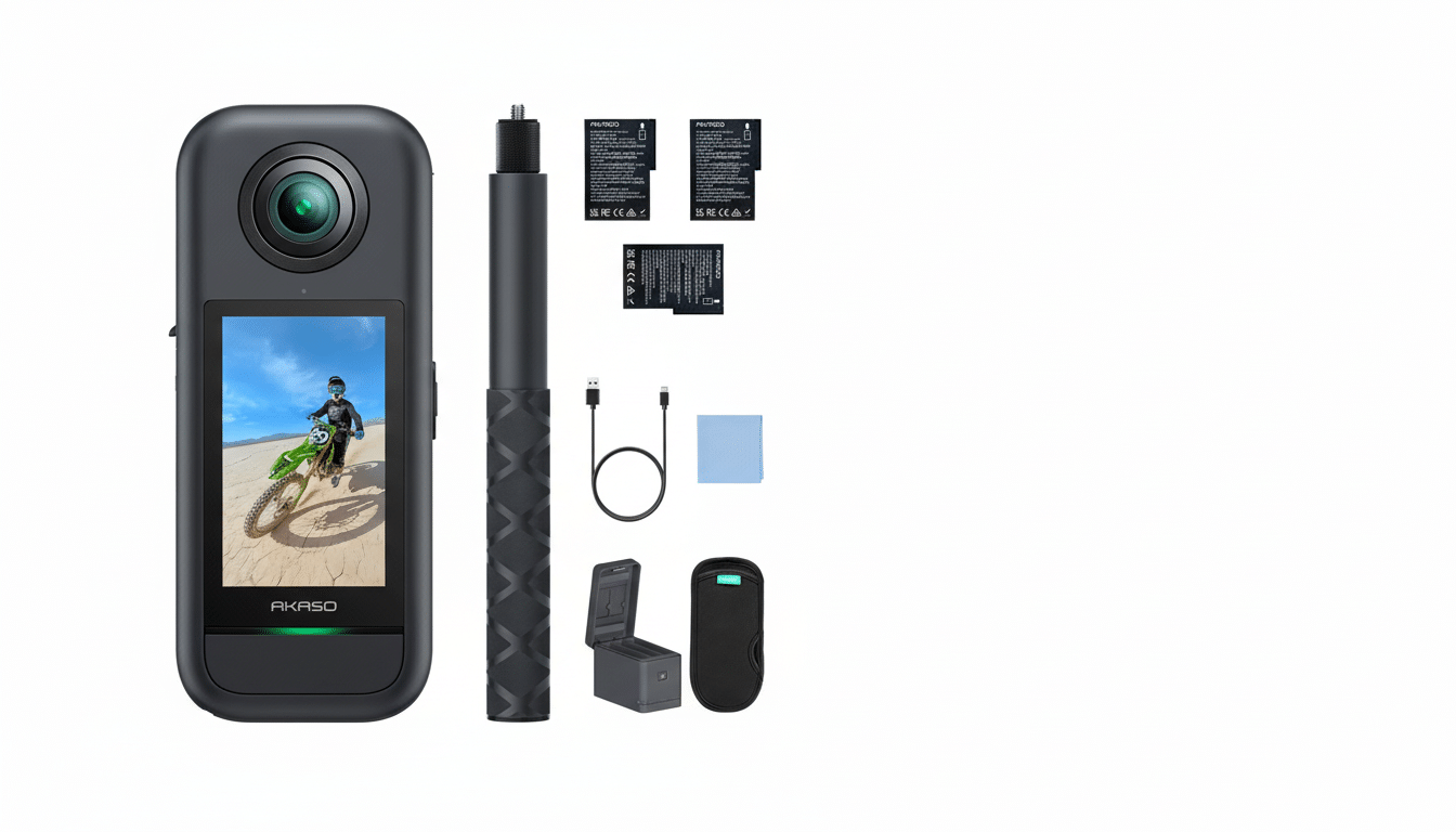An Ak aso 36 0 camera , selfie stick, two batteries , charging hub , USB -C cable , cleaning cloth, and remote control , all arranged against a clean white background.