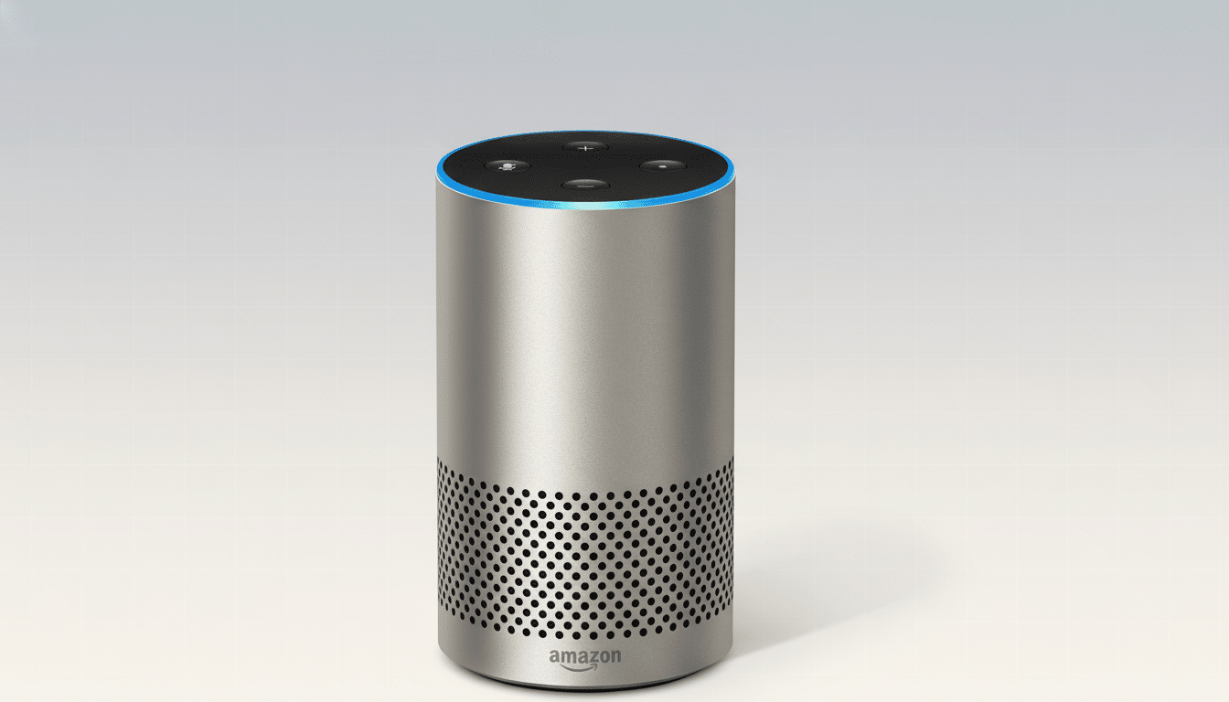 alt text: An Amazon Echo speaker with a blue light ring , presented on a subtle gradient backgroun