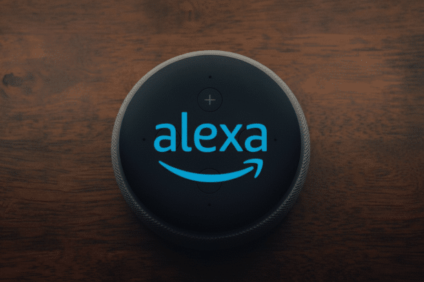 Alexa Echo Dot device with a blue Alexa logo on a wooden background. Filename: alexa echodot wood