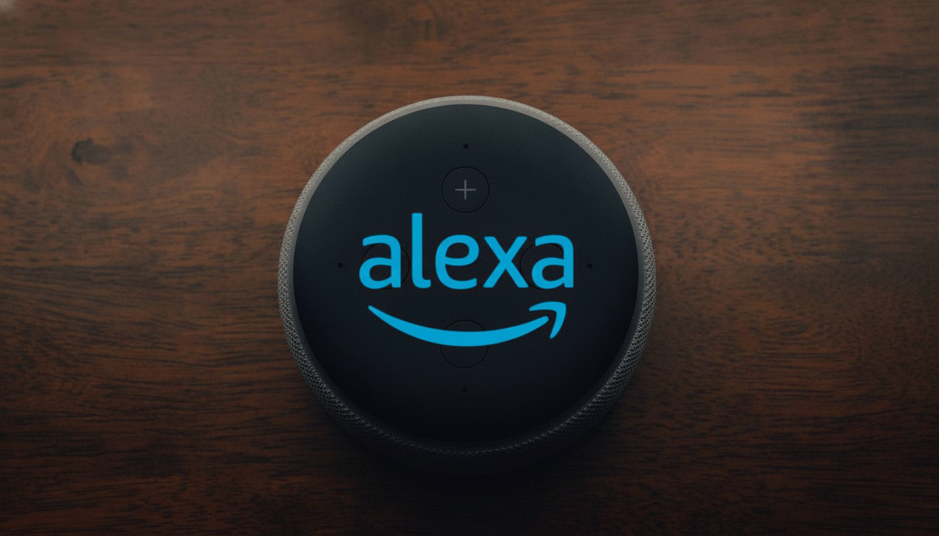 Alexa Echo Dot device with a blue Alexa logo on a wooden background. Filename: alexa echodot wood