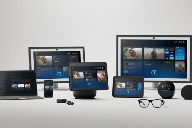 A collection of smart home devices, including a laptop, smartphone , two smart displays, a smart speaker, and wireless earbuds, presented on a clean white background. All screens display a modern user interface with various widgets and content .