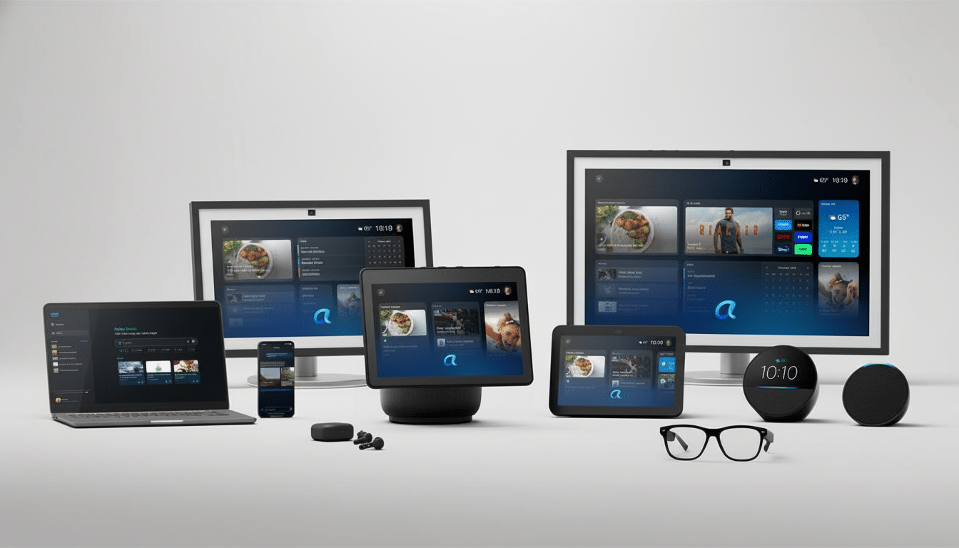 A collection of smart home devices, including a laptop, smartphone , two smart displays, a smart speaker, and wireless earbuds, presented on a clean white background. All screens display a modern user interface with various widgets and content .