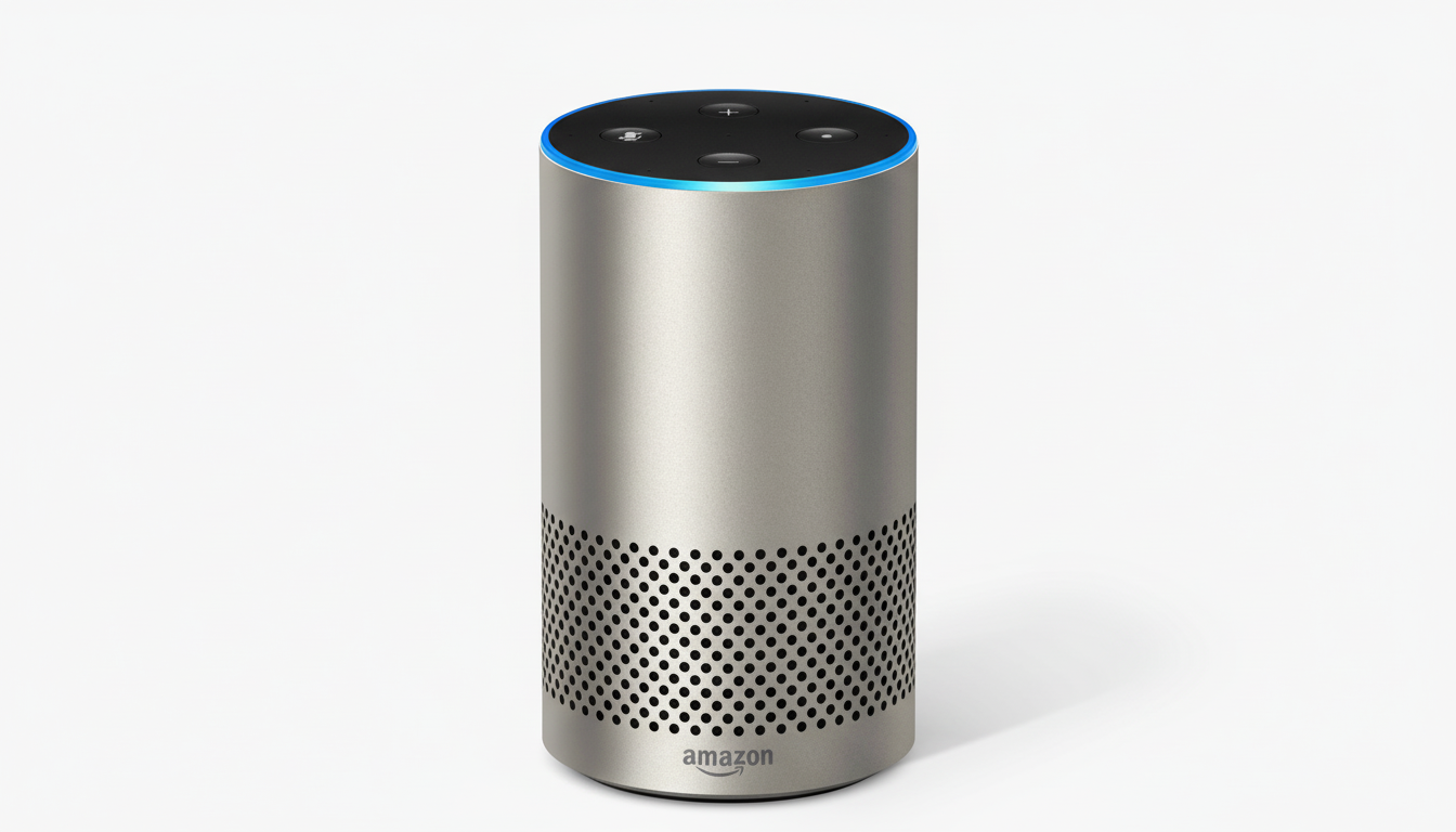 An Amazon Echo smart speaker with a silver finish and a blue illuminated ring on top, presented on a white background with a 16:9 aspect ratio.