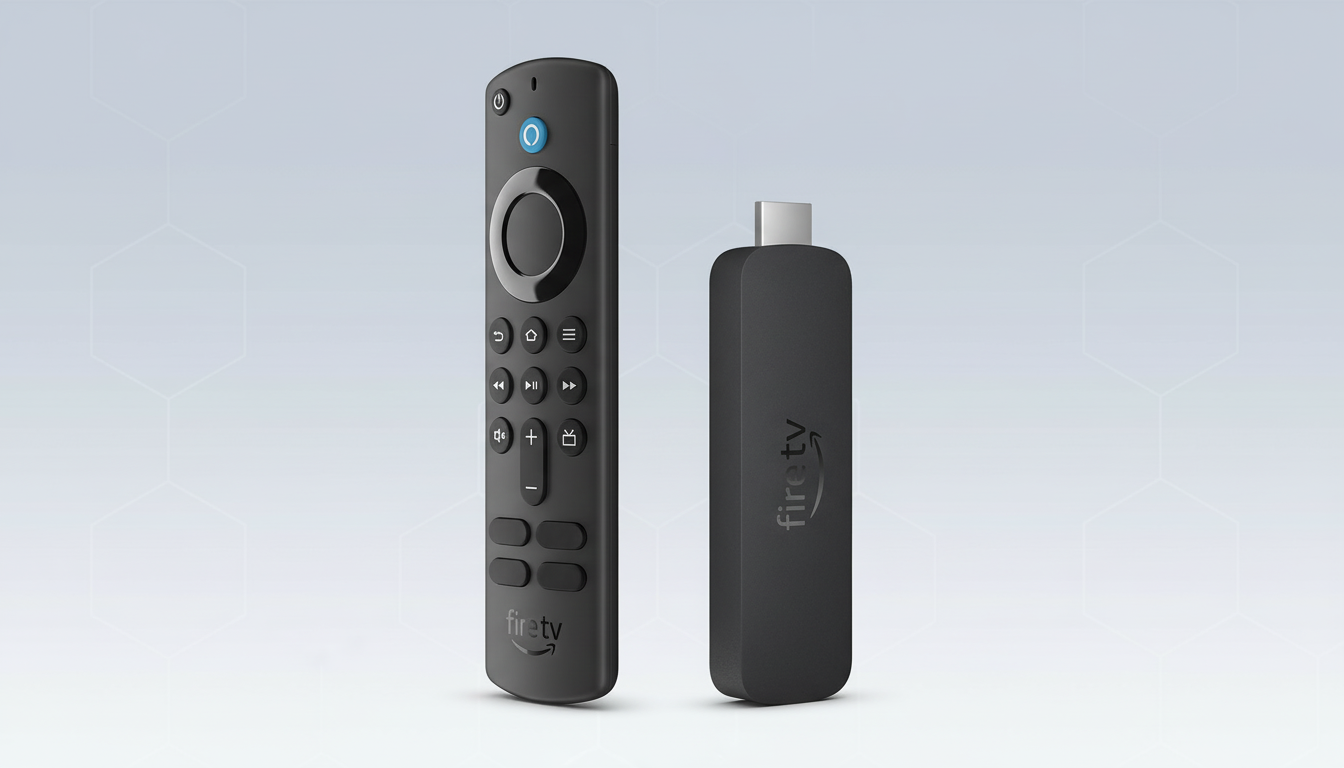 A black Amazon Fire TV Stick and its remote control are displayed on a professional light gray background with subtle hexagonal patterns.