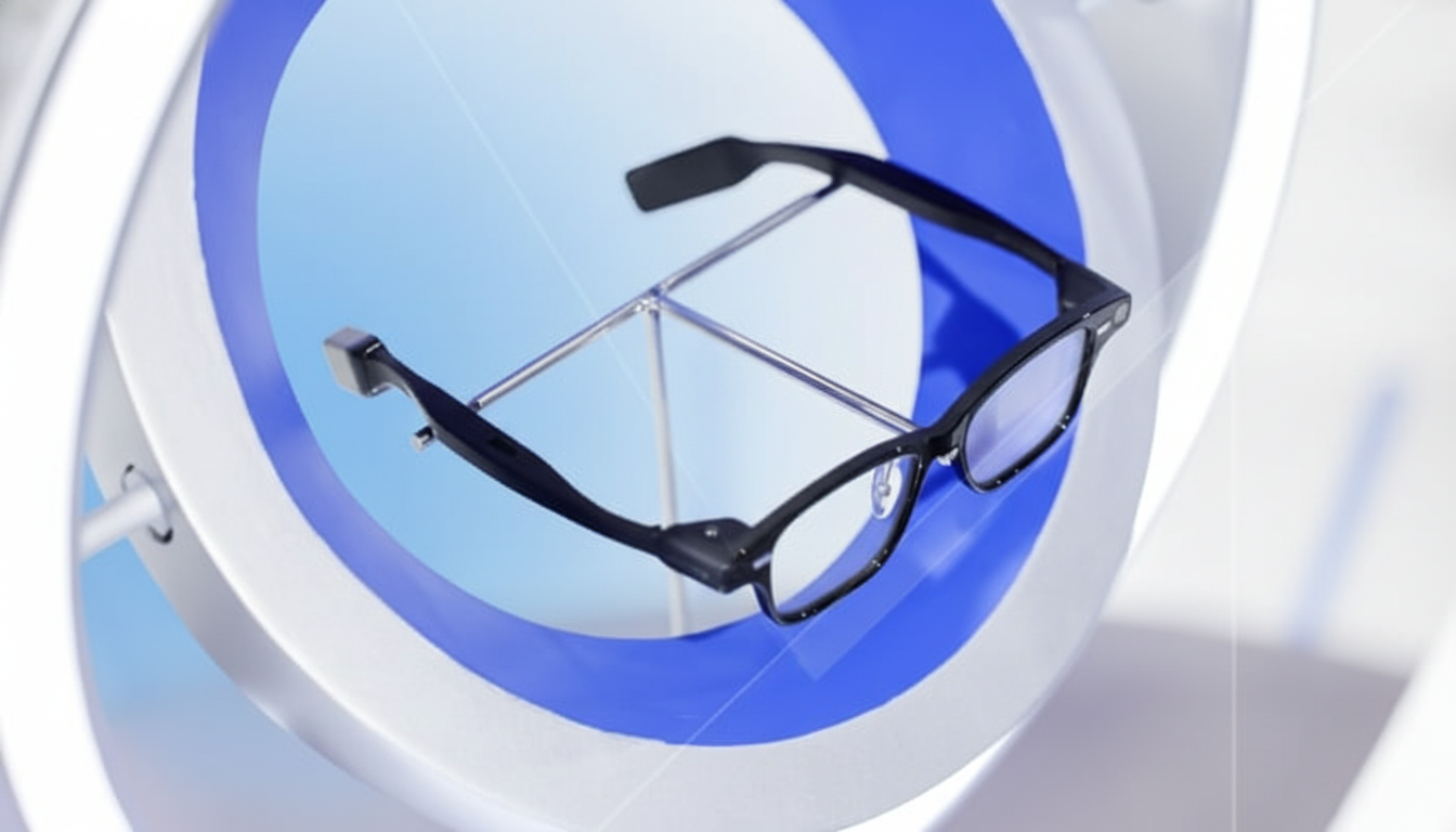 A pair of black smart glasses with clear lenses displayed on a metallic stand with a blue circular accent, set against a soft, light blue gradient background.