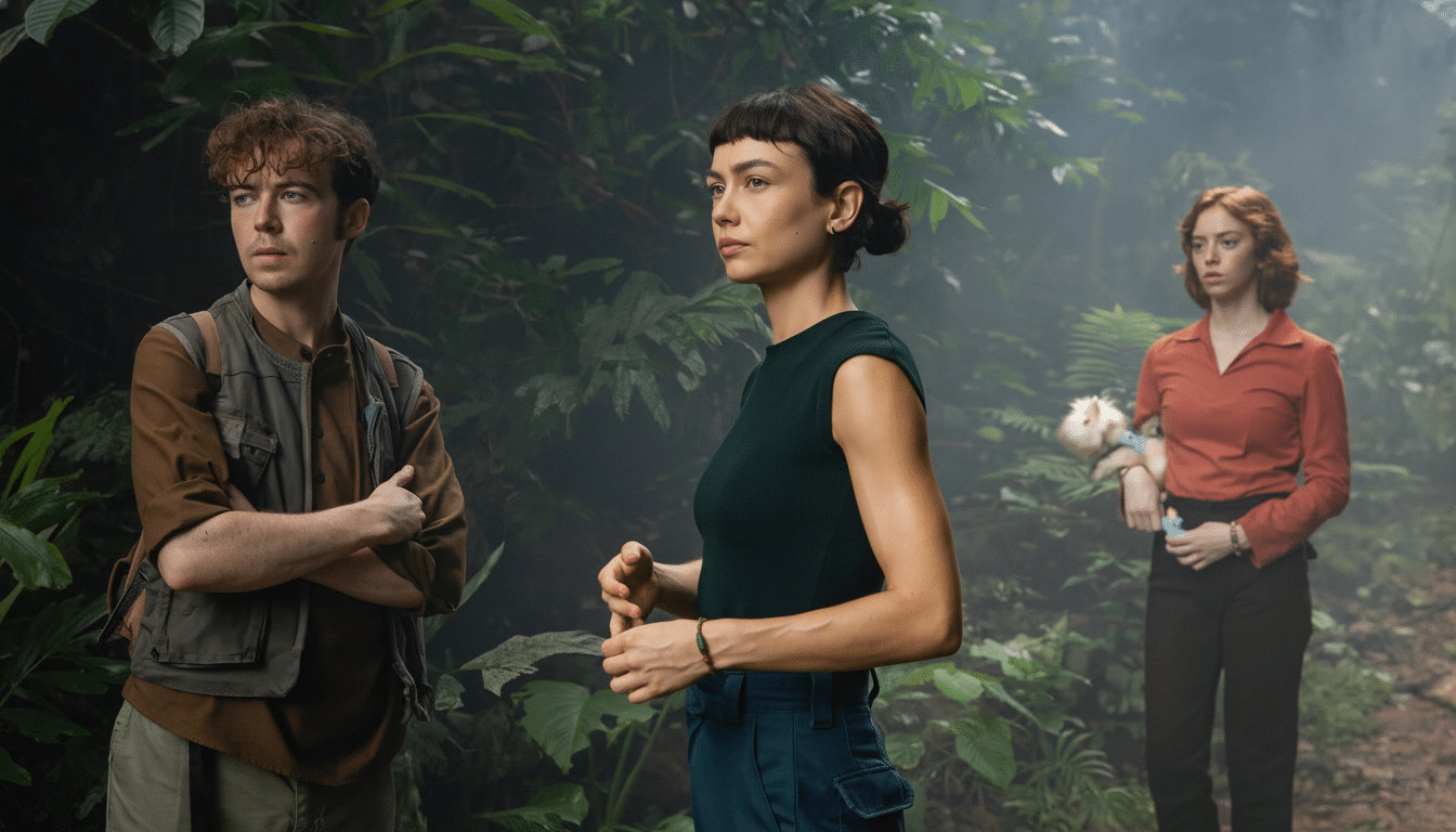 Three individuals , two men and one woman, are shown standing in a lush , green jungle environment , with a misty or hazy atmosphere. Filename : three people j ungle16 x 9. png