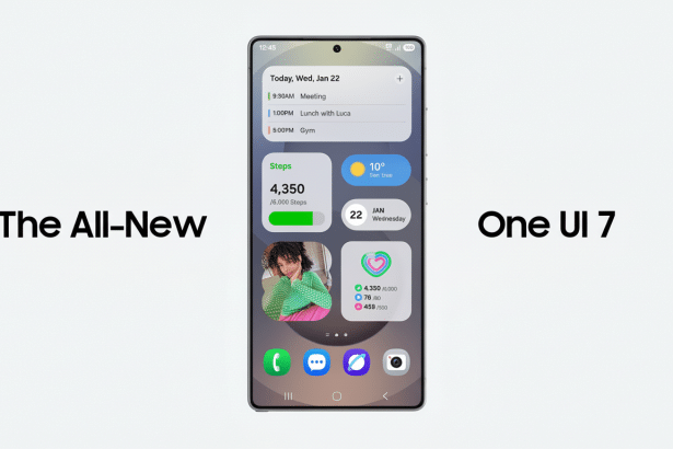A professional depiction of a smartphone displaying The All-New One UI 7 with a calendar , step tracker, weather widget , and app icons. Filename : all newone ui7 smartphone display .png
