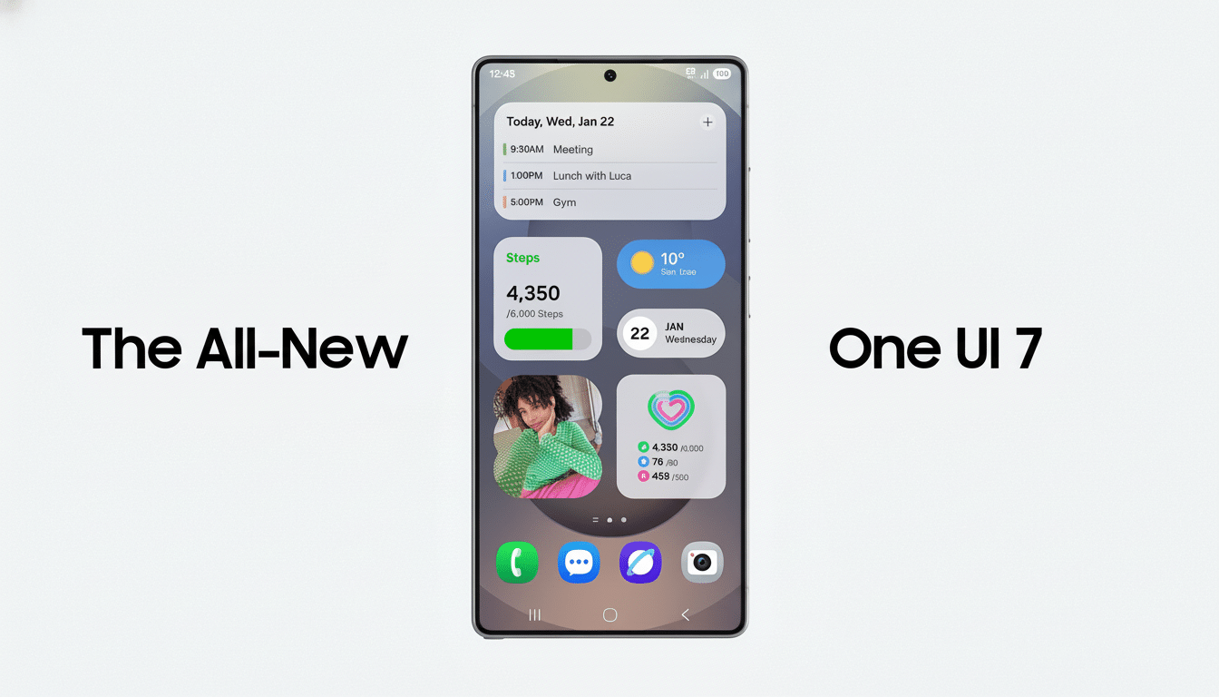A professional depiction of a smartphone displaying The All-New One UI 7 with a calendar , step tracker, weather widget , and app icons. Filename : all newone ui7 smartphone display .png
