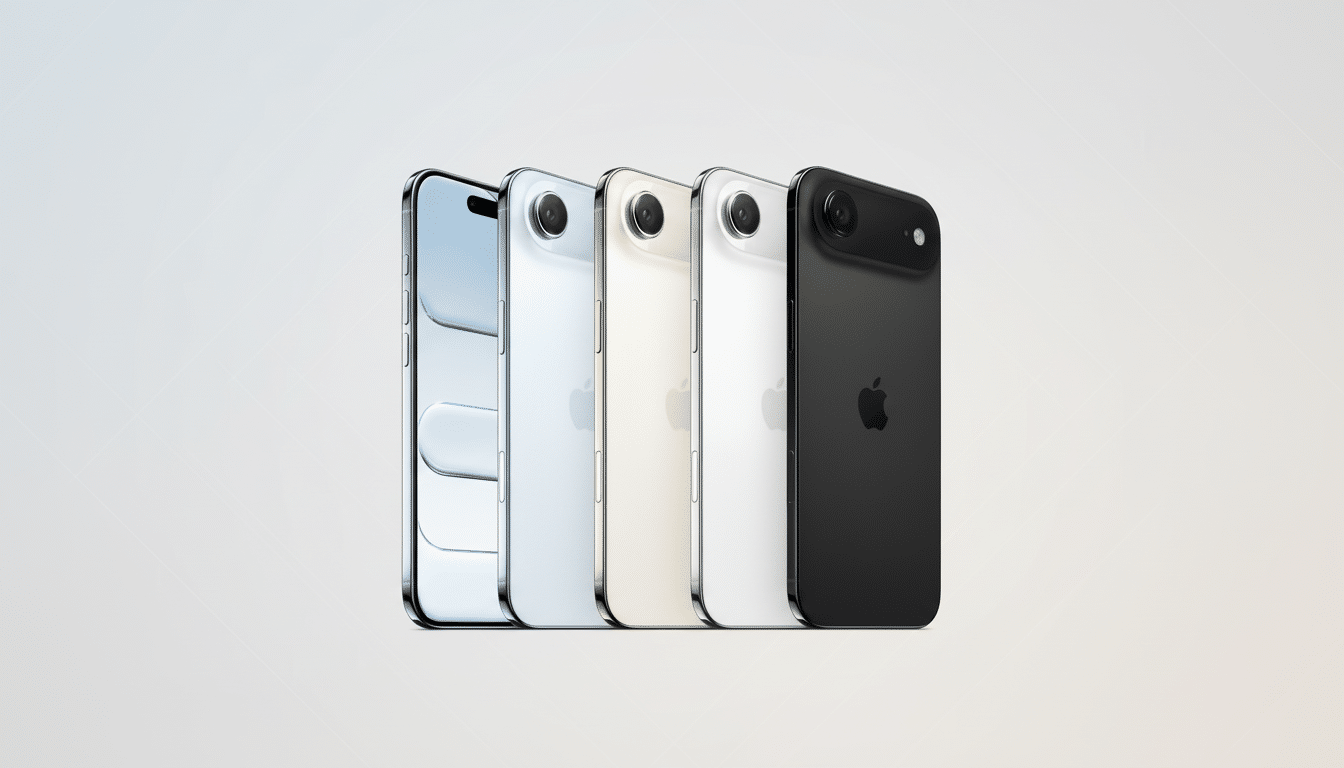 Alt Text: Five iPhones in different colors ( blue, silver, gold, white, and black) are arranged