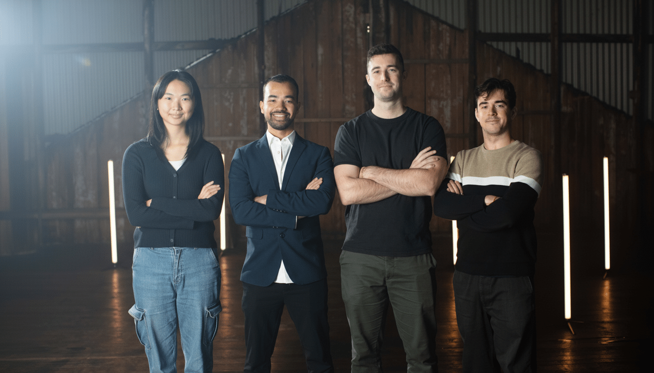 Four individuals standing with crossed arms in a warehouse -like setting with vertical light bars .