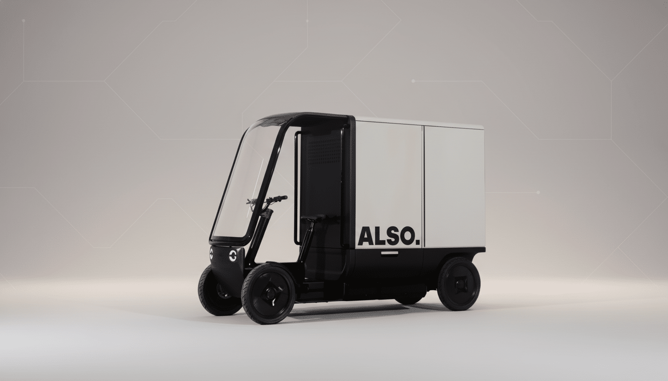 A black and off -white electric delivery vehicle with the  ALSO. logo on its side, presented against a professional flat design background with subtle geometric patterns and a soft gradient. Filename : alsoelectric deliveryvehicle professional .png