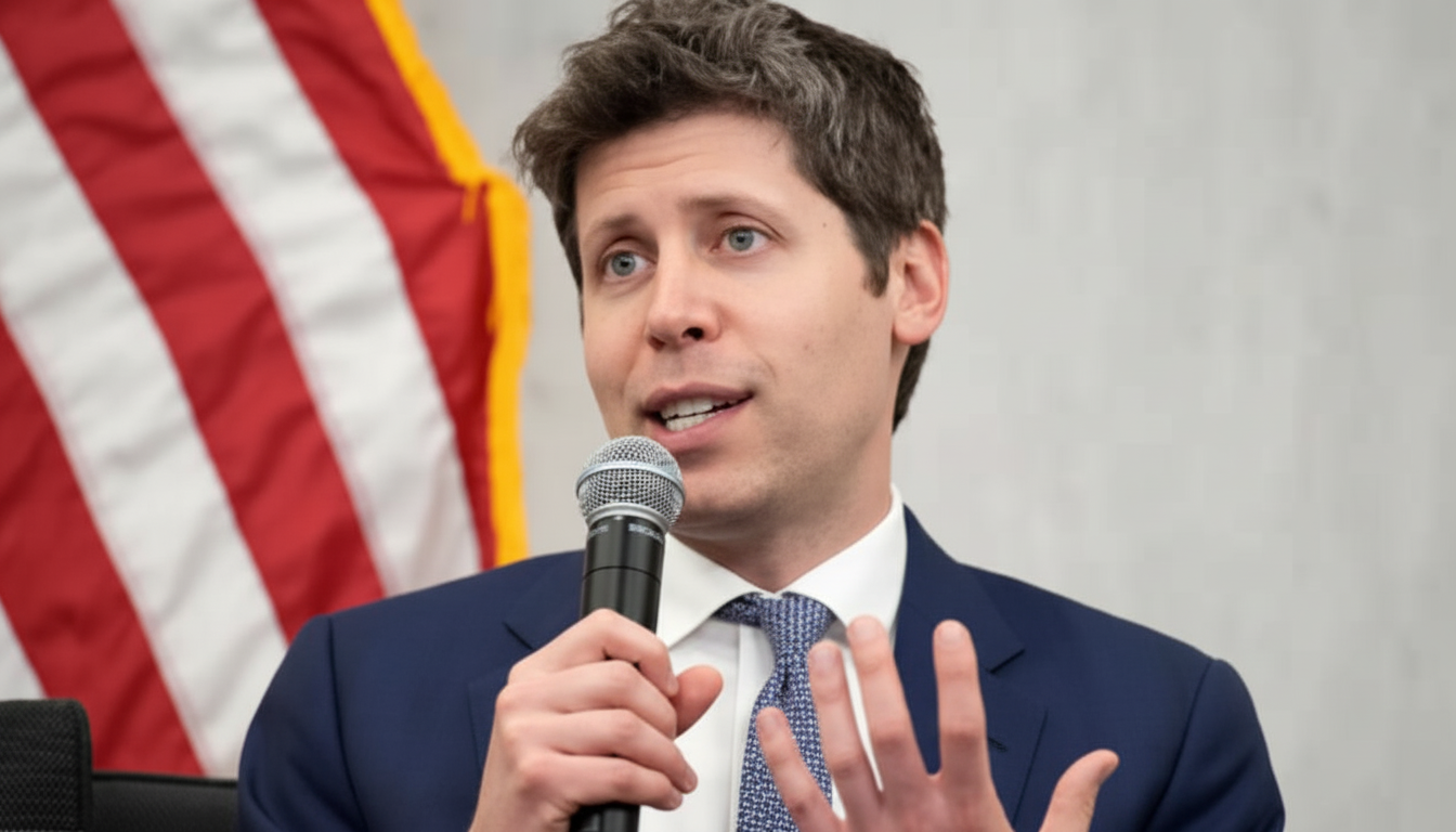 A man in a suit speaking into a microphone with an American flag in the background.