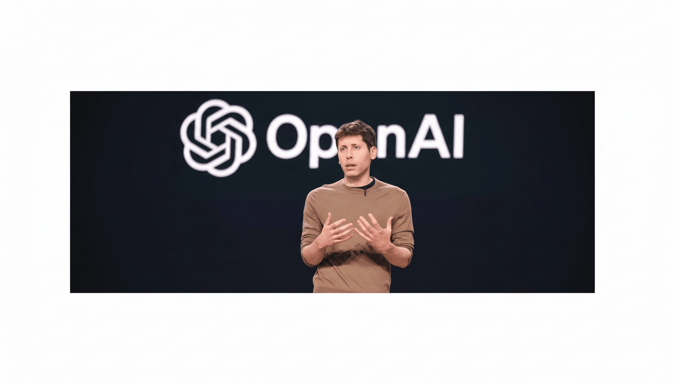 Sam Altman speaking on stage in front of the OpenAI logo.