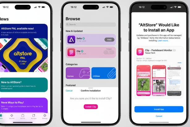 Three iPhones displaying Alt Store app screens, showing news, browse, and app installation prompts.
