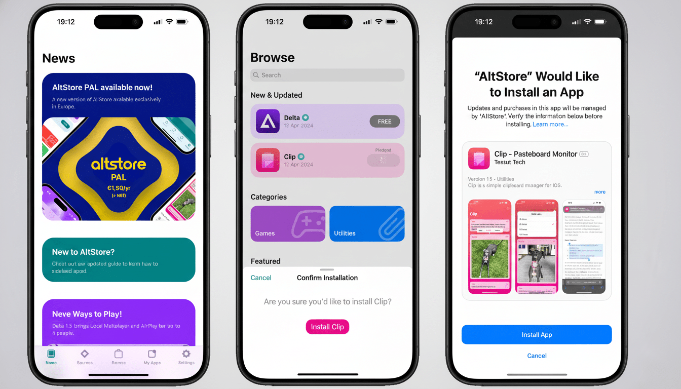 Three iPhones displaying Alt Store app screens, showing news, browse, and app installation prompts.