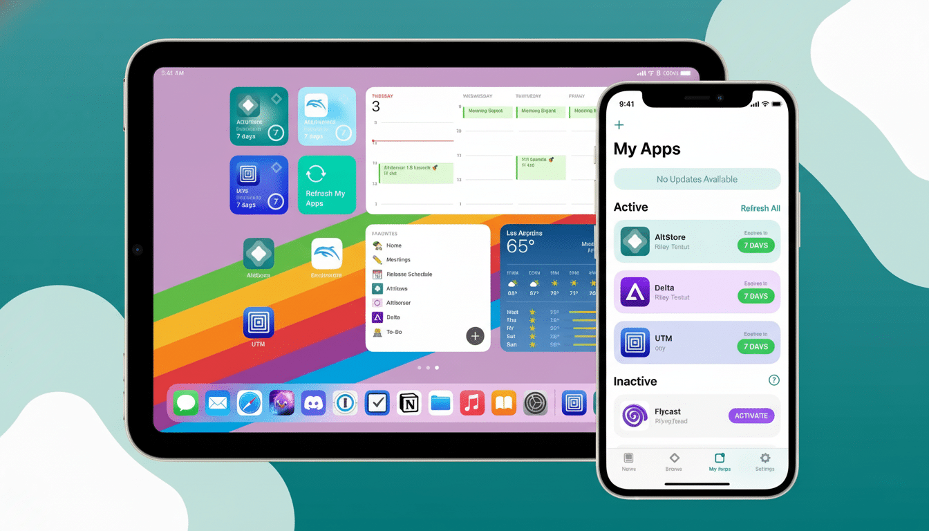 An iPad displaying a rainbow wallpaper and various app icons, alongside an iPhone showing a My Apps screen with Alt Store, Delta, and UTM listed as ac