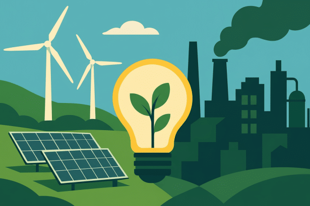 An illustration contrasting green energy sources like solar panels and wind turbines with a polluting factory, featuring a lightbulb with a plant inside symbolizing eco -friendly innovation .