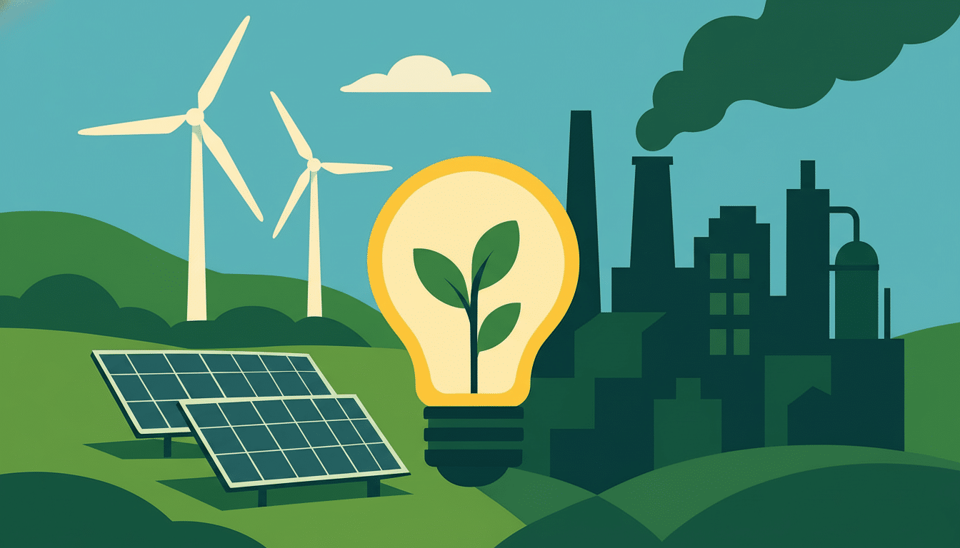 An illustration contrasting green energy sources like solar panels and wind turbines with a polluting factory, featuring a lightbulb with a plant inside symbolizing eco -friendly innovation .