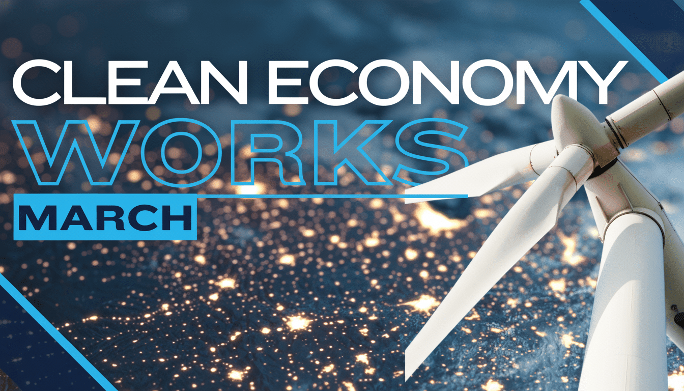 Clean Economy Project Initiative concept with wind turbines, solar panels, and green growth