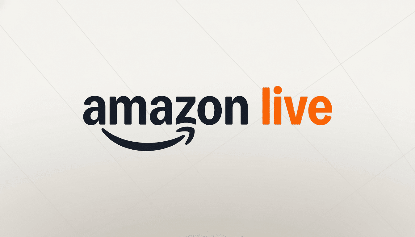 The Amazon Live logo with the word amazon in dark grey and  live in orange , featuring the Amazon smile swo osh under amazon , set against a soft, light grey background with subtle geometric patterns.