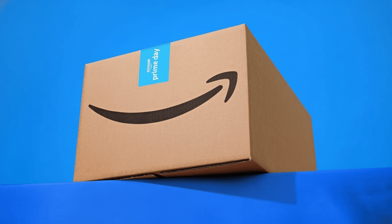 A brown Amazon Prime Day box with the Amazon smile logo and a blue Prime Day label on a blue surface and background , resized to a 16: 9 aspect ratio.