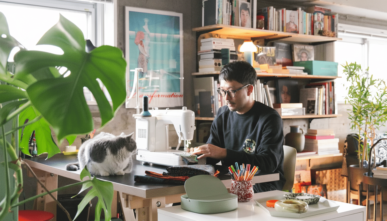 A man wearing glasses and a black sweatshirt is seated at a sewing machine , working on fabric , with a gray and white cat observing him from the desk. The room features bookshelves , plants , and natural light. Filename : man sewing withcat. png