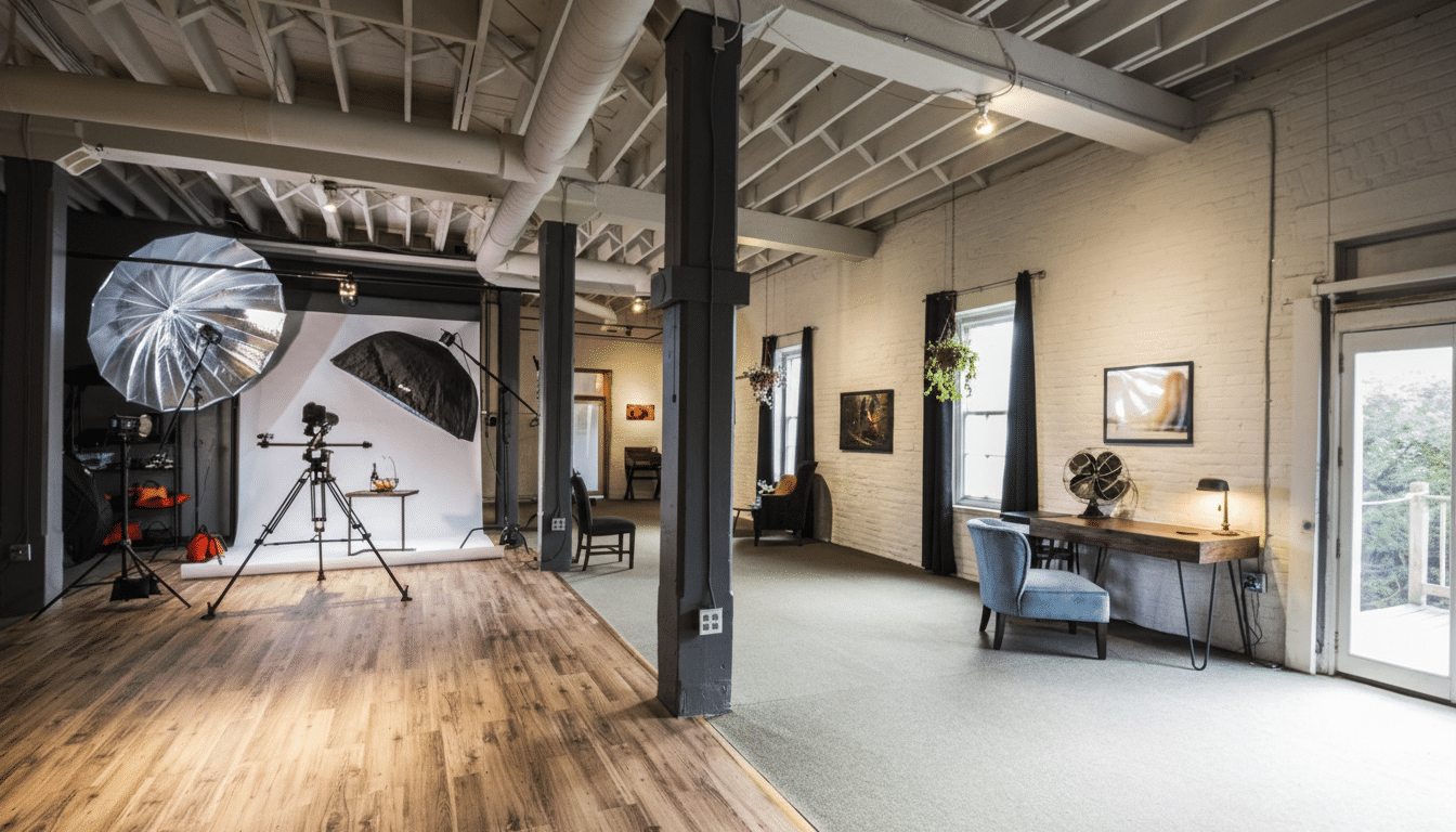 A wide- angle shot of a photography studio space with a professional setup on the left featuring a camera on a tripod, softboxes , and umbrellas , and a styled office area on the right with a blue armchair, wooden desk, and decorative items. Filename : photography studiospace 16 9. png