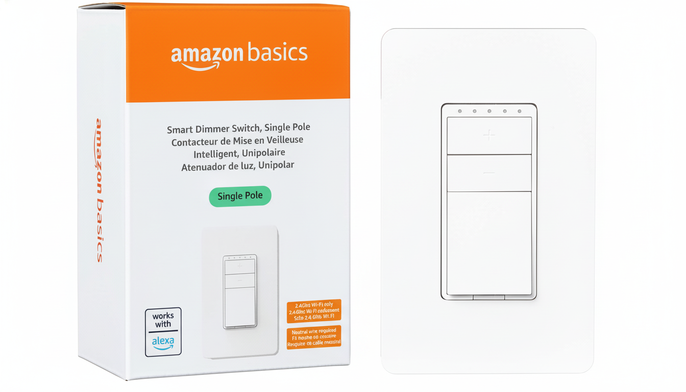 A white Amazon Basics smart dimmer switch and its packaging, presented on a clean background.