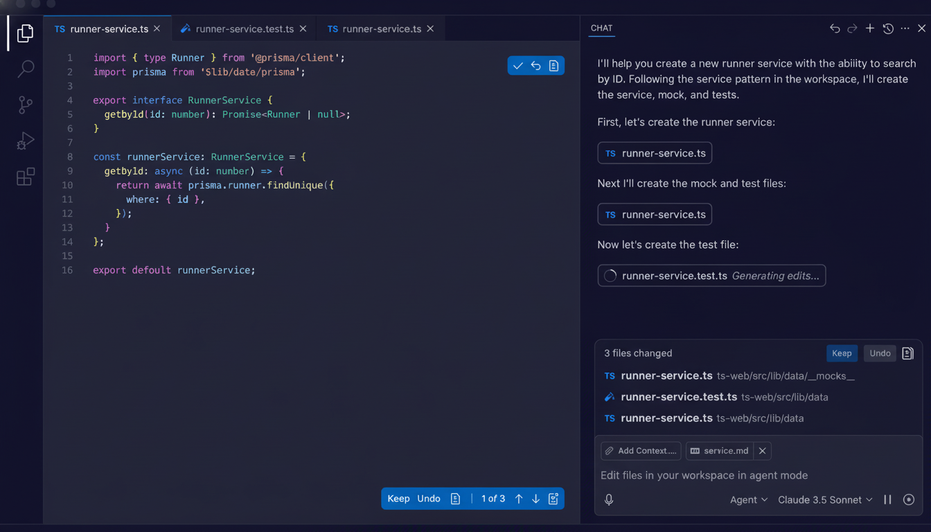 A screenshot of a code editor with a chat interface on the right. The code editor shows a TypeScript file named `runner-service.ts` with code defining a `RunnerService` interface and implementation. The chat interface shows a conversation about creating a new runner service, with steps for creating the service, mock, and test files. Below the chat, theres a section indicating 3 files changed and a prompt to Edit files in your workspace in agent mode.