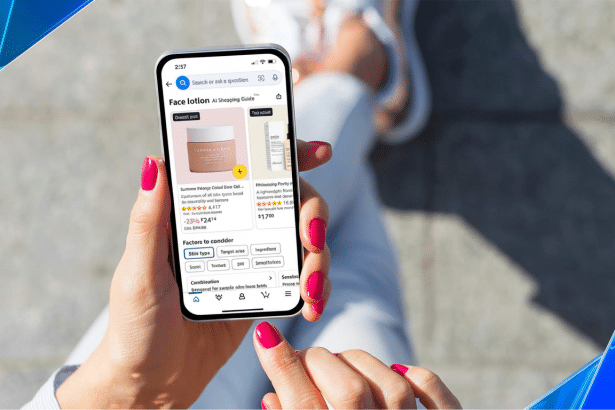 A person holding a smartphone displaying an AI shopping guide for face lotion, with various product options and filtering categories visible on the screen.