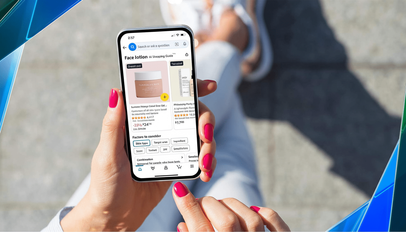 A person holding a smartphone displaying an AI shopping guide for face lotion, with various product options and filtering categories visible on the screen.