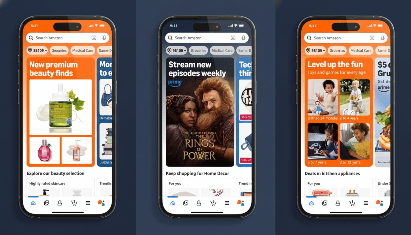 Three iPhones displaying different Amazon app screens are arranged on a dark blue background. The leftmost screen shows beauty products, the middle screen advert ises The Lord of the Rings: The Rings of Power , and the rightmost screen displays Level up the fun with toys and games for different age groups .