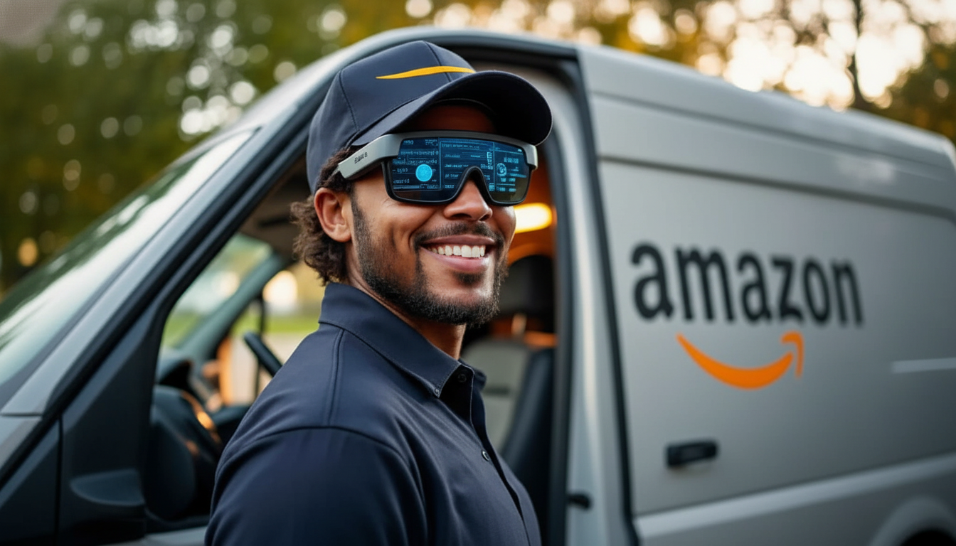A smiling Amazon delivery driver wearing smart glasses stands next to an Amazon van.