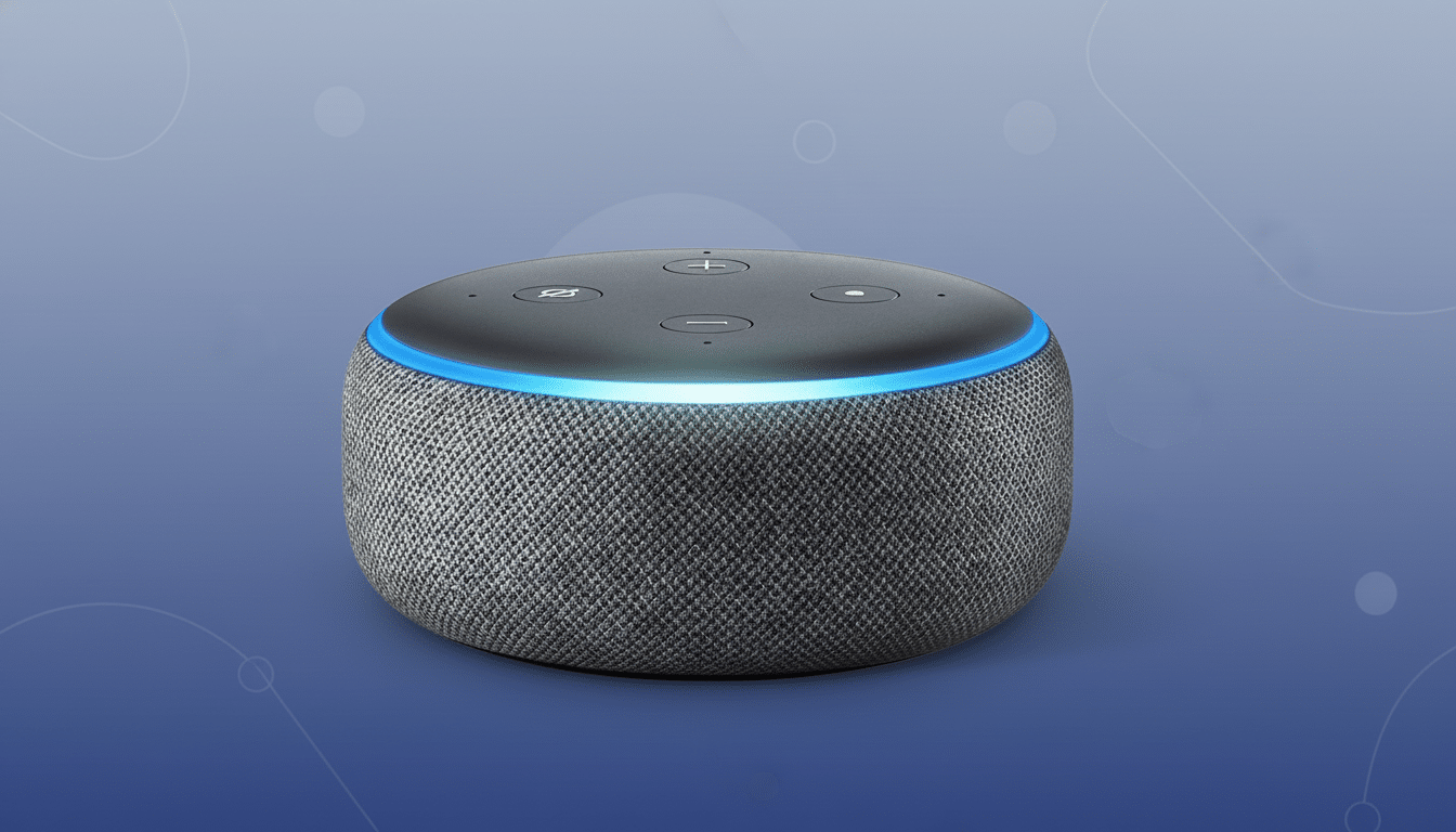 An Amazon Echo Dot ( 3 rd generation) smart speaker, dark gray with a blue light ring illuminated , presented on a professional blue - purple gradient background with subtle abstract patterns .