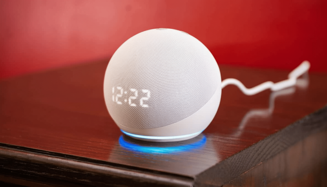 A white spherical Amazon Echo Dot with a clock display showing 12: 22 and a blue light ring at its base, sitting on a dark wooden surface against a red background .