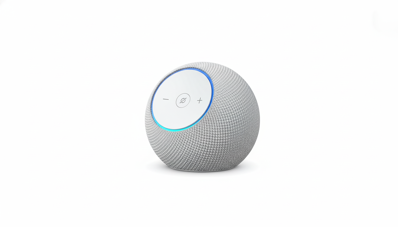 A white spherical smart speaker with a light blue glowing ring and a white control panel on top, set against a clean white background.