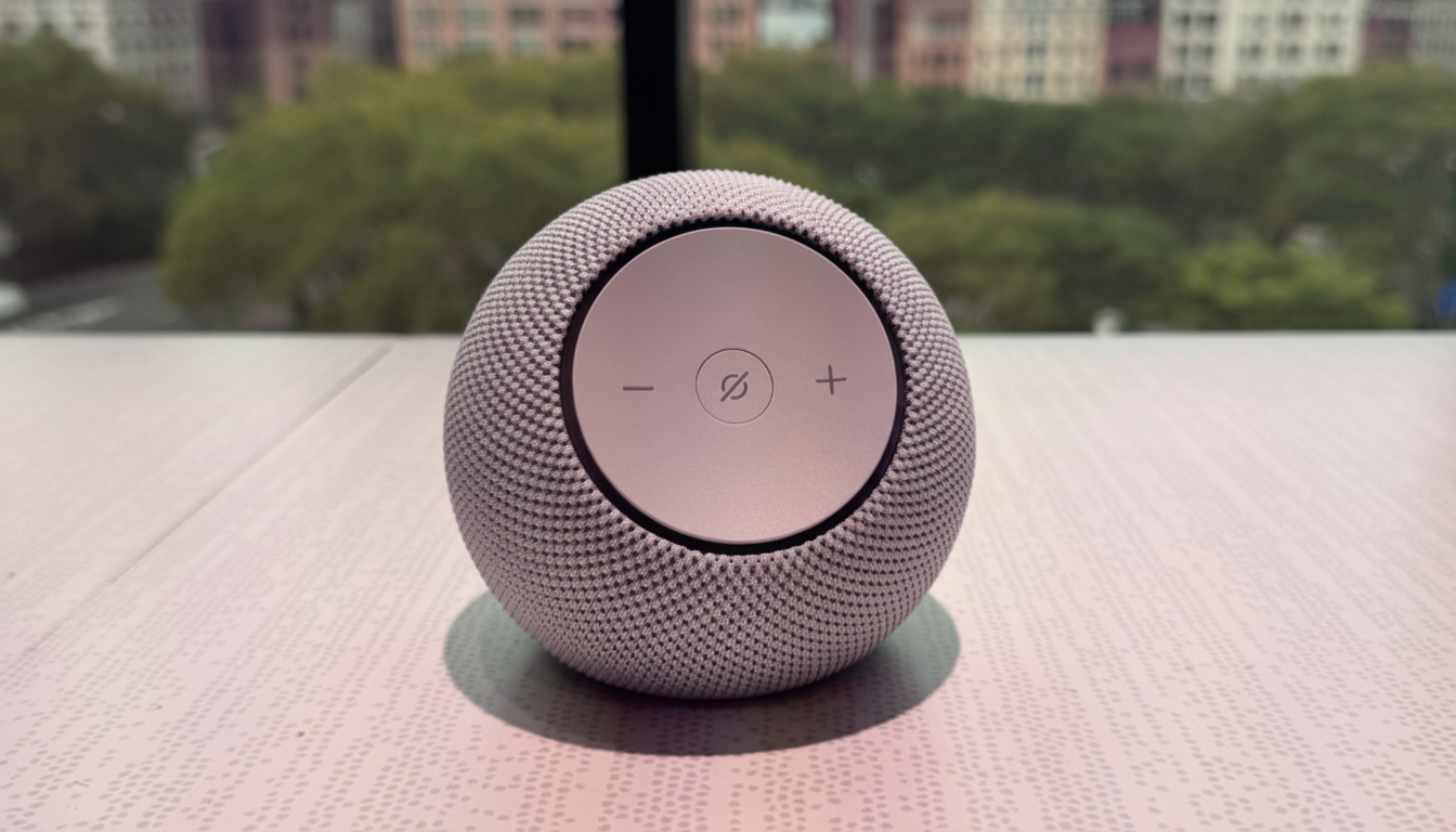 A light purple, spherical smart speaker with a touch control panel on top, featuring minus, mute, and plus symbols, set against a blurred background of a window view with trees and buildings.