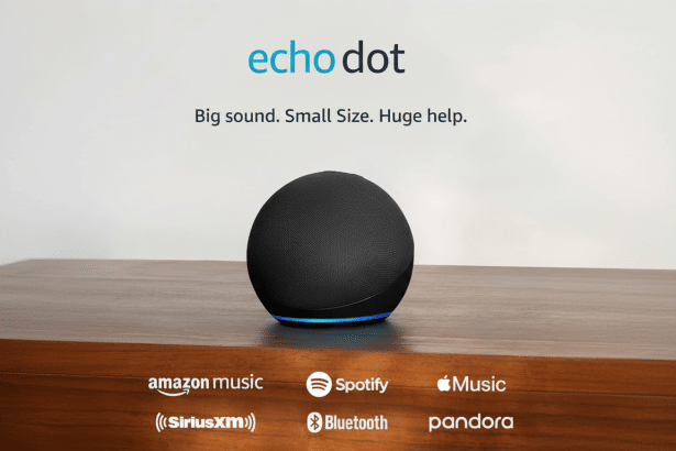 An Amazon Echo Dot speaker on a wooden surface, with the text echo dot, Big sound. Small Size. Huge help., and logos for various music services.