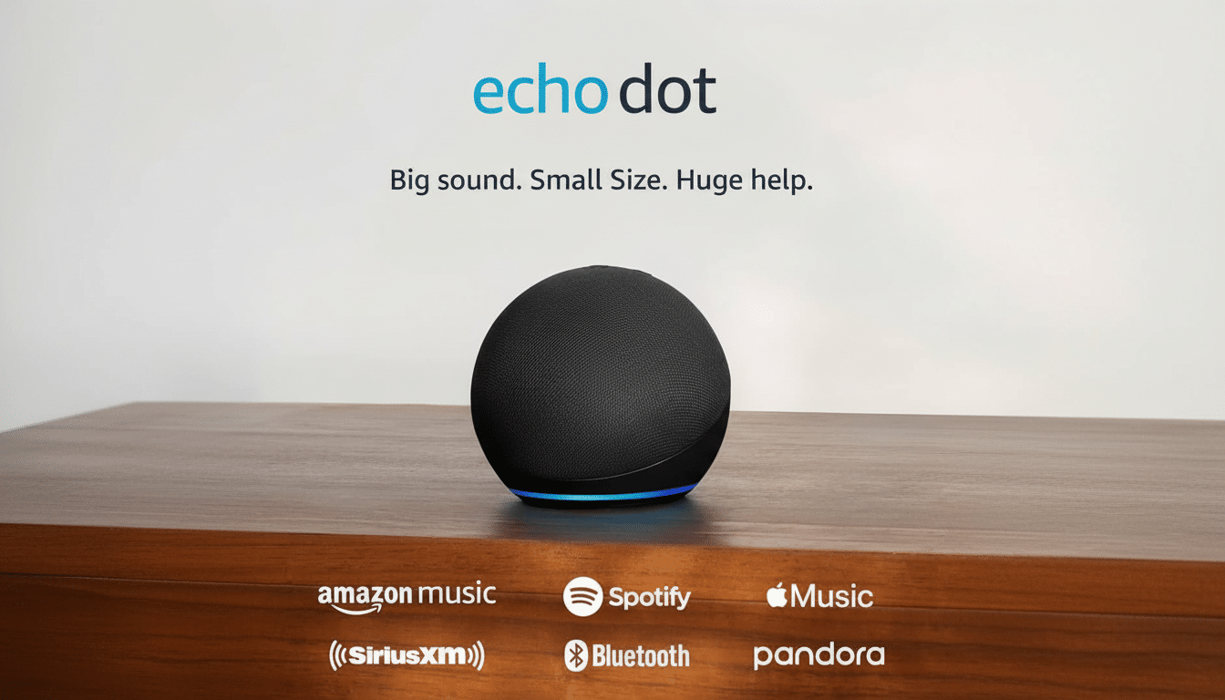 An Amazon Echo Dot speaker on a wooden surface, with the text echo dot, Big sound. Small Size. Huge help., and logos for various music services.